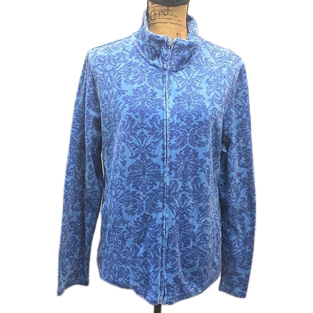 Erika Blue Damask Velour Zip Up Jacket Y2K Soft Luxe Baroque sz L